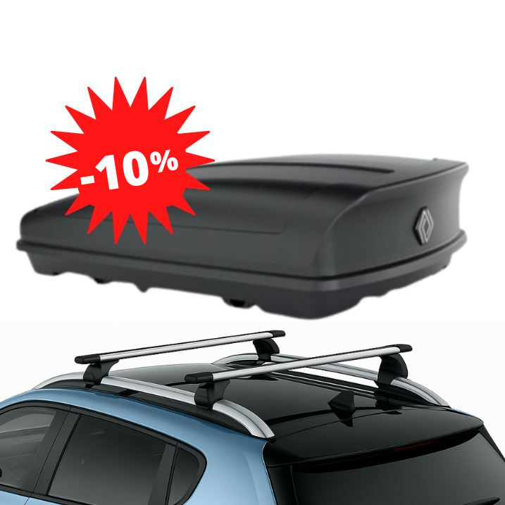 Pack −10 % : R4 E-TECH - COFFRE DE TOIT 480 L + BARRES DE TOIT RENAULT – réf. 7711948972+738207403R