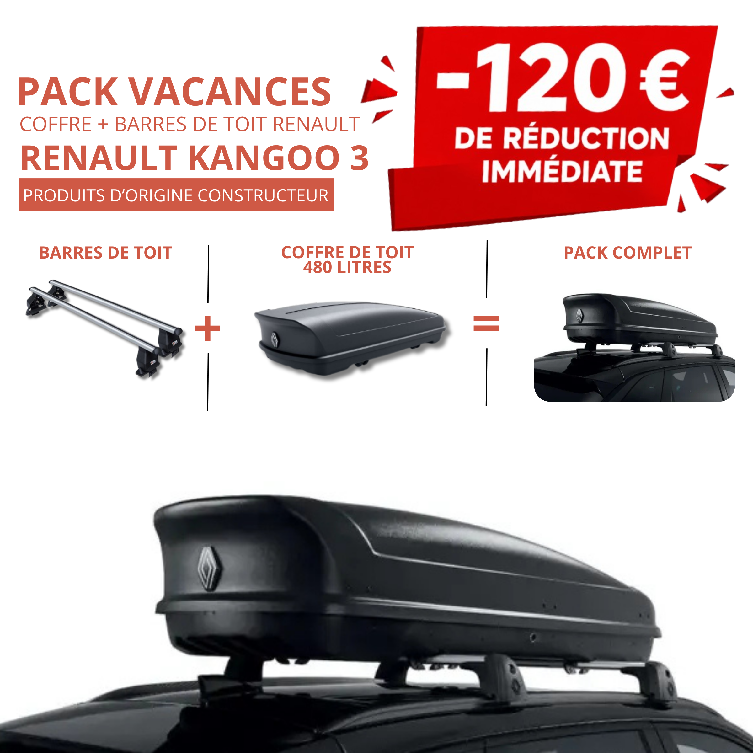 Pack coffre et barres de toit RENAULT KANGOO 3 | - 120 € de remise immédiate – réf. 732103717R +7711948972