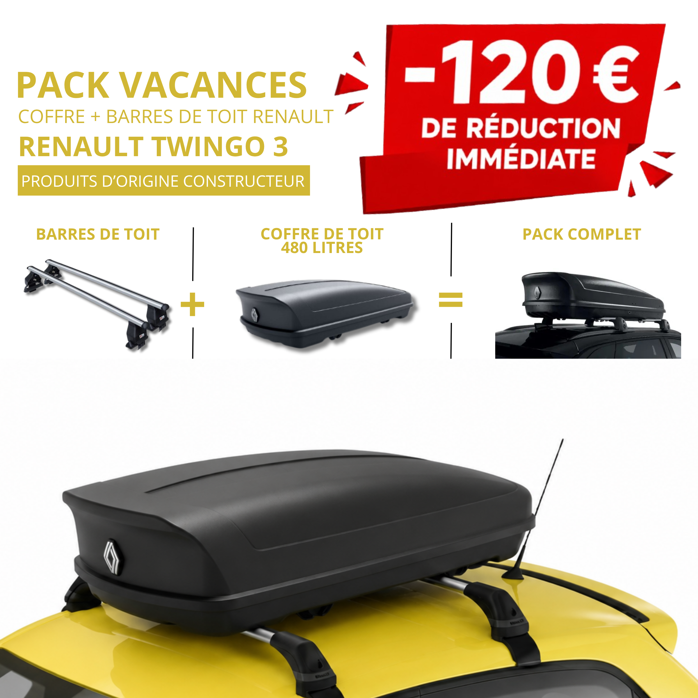 Pack coffre et barres de toit RENAULT TWINGO 3 | - 120 € de remise immédiate – réf. 7711948972+8201404053