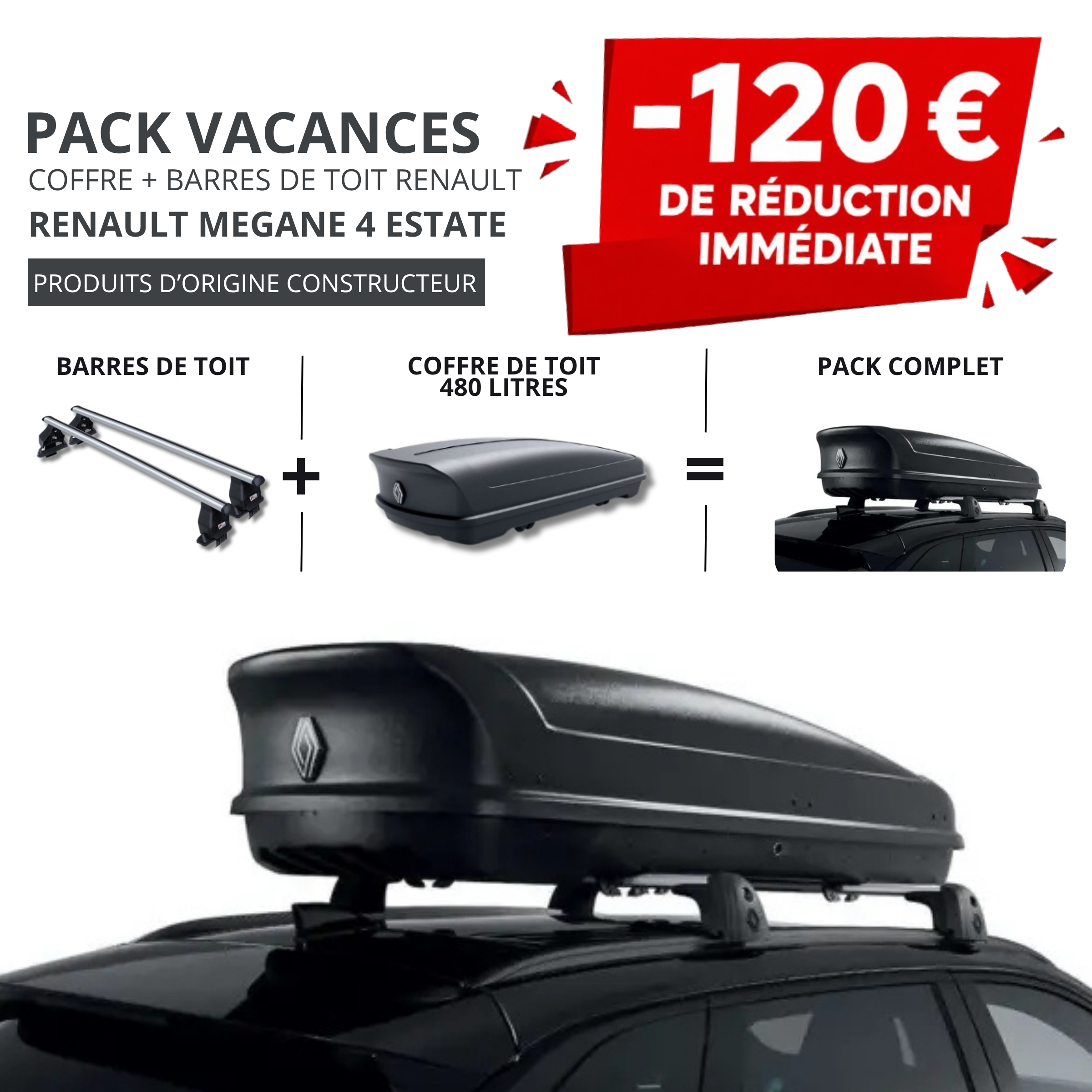 Pack coffre et barres de toit RENAULT MEGANE 4 ESTATE | - 120 € de remise immédiate – réf. 8201633783+7711948972