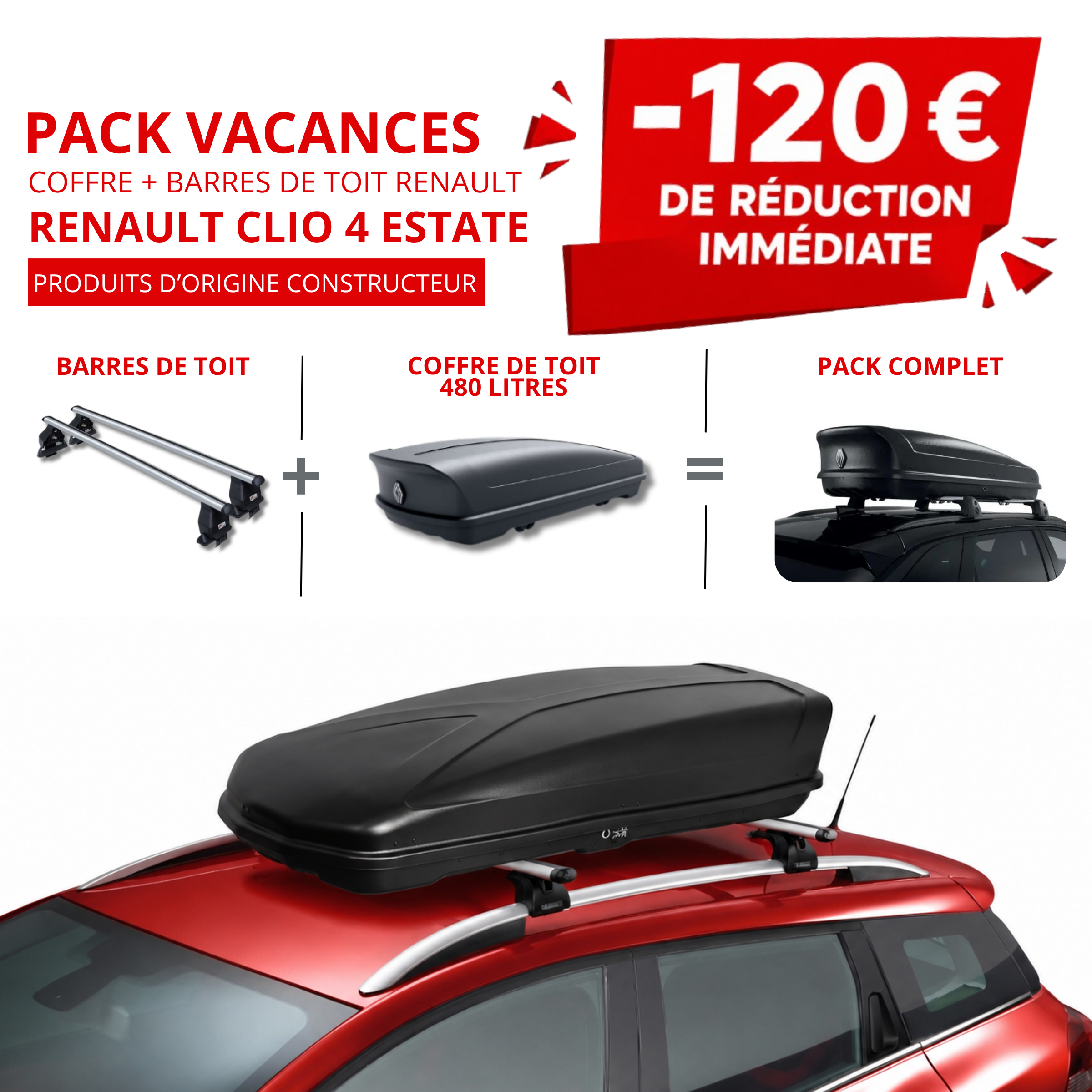Pack coffre et barres de toit RENAULT CLIO ESTATE | - 120 € de remise immédiate – réf. 8201321621+7711948972