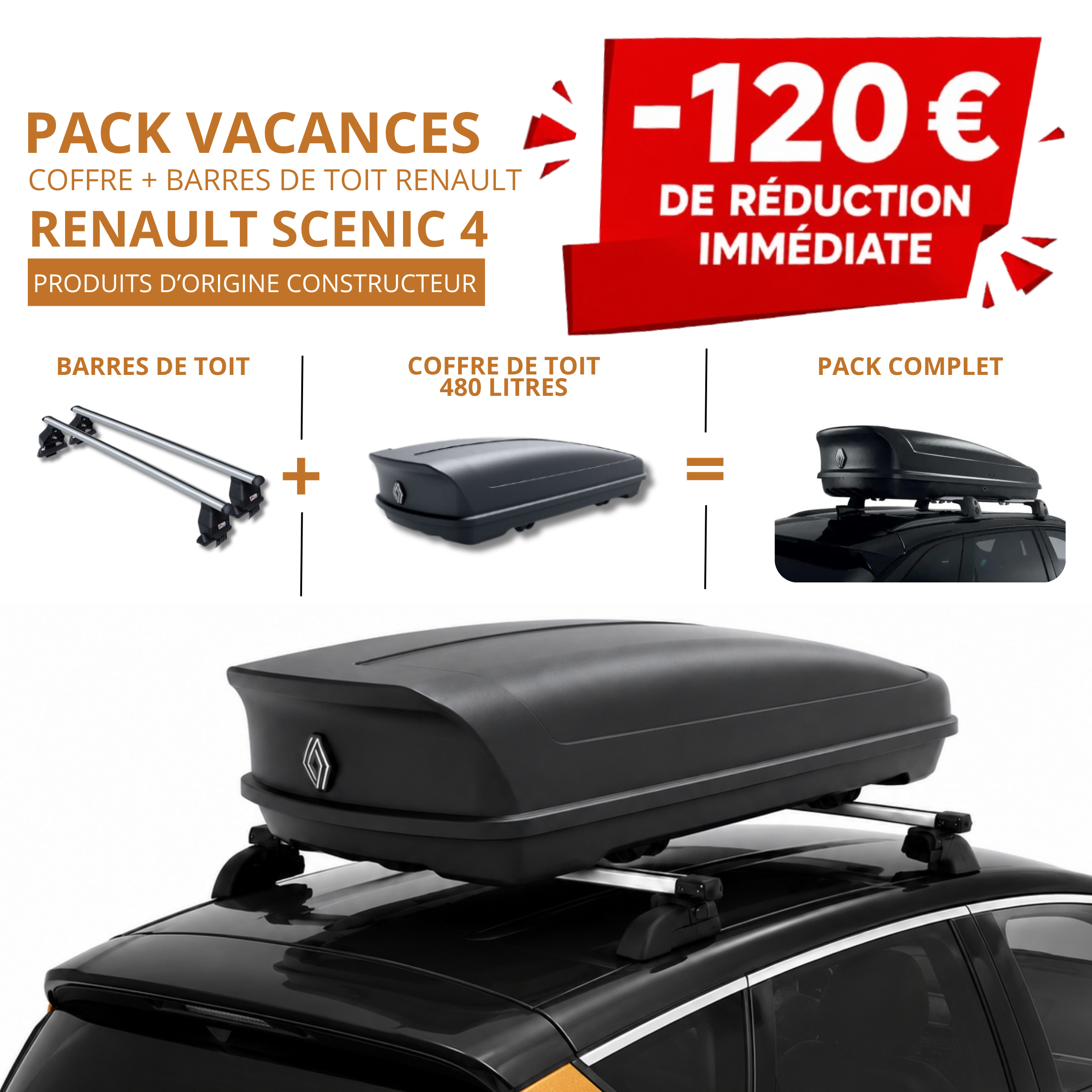Pack coffre et barres de toit RENAULT SCENIC E-TECh | - 120 € de remise immédiate – réf. 8201633733+7711948972