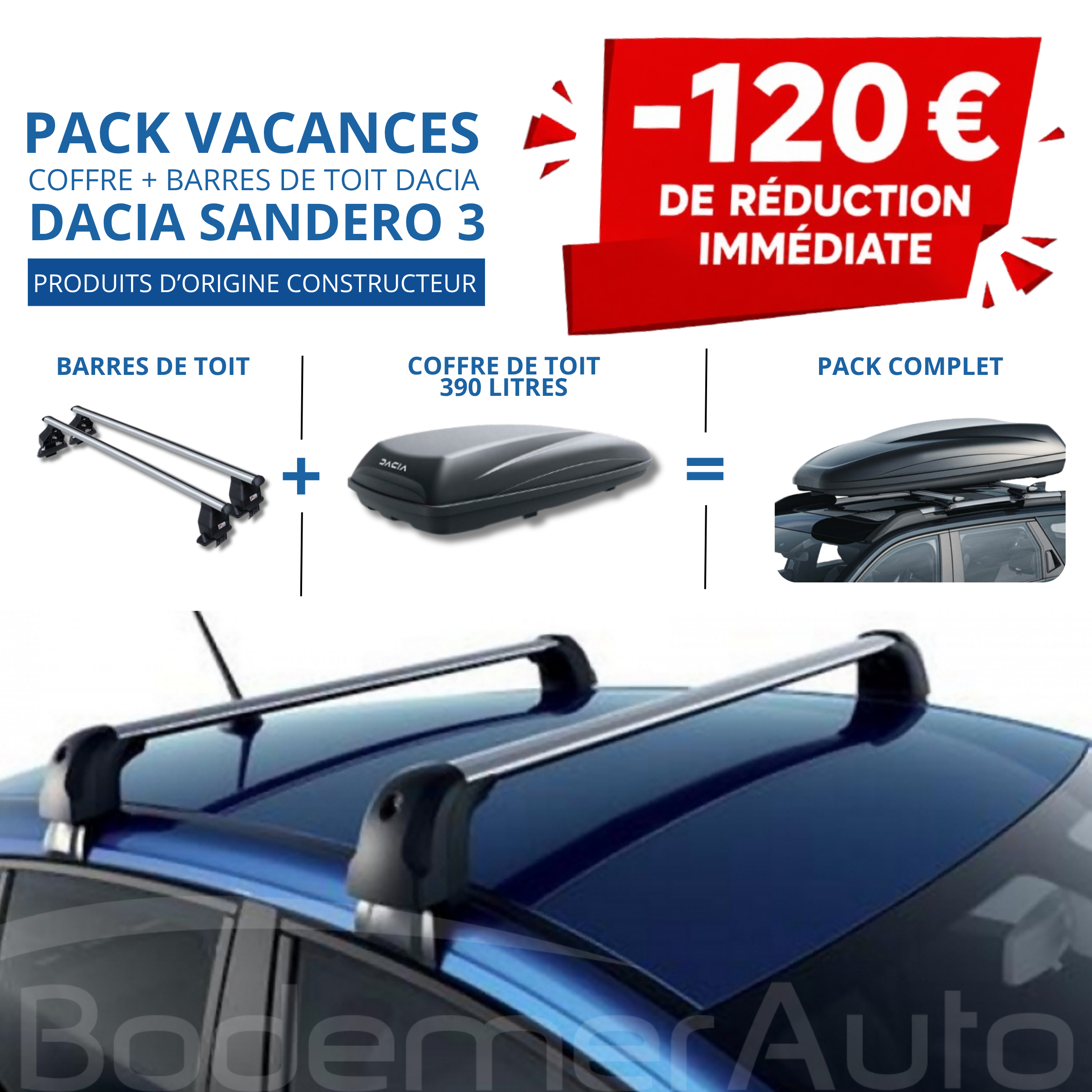 Pack coffre 390L et barres de toit Dacia SANDERO 3 | - 120 € de remise immédiate – réf. 8201733990+7711574057