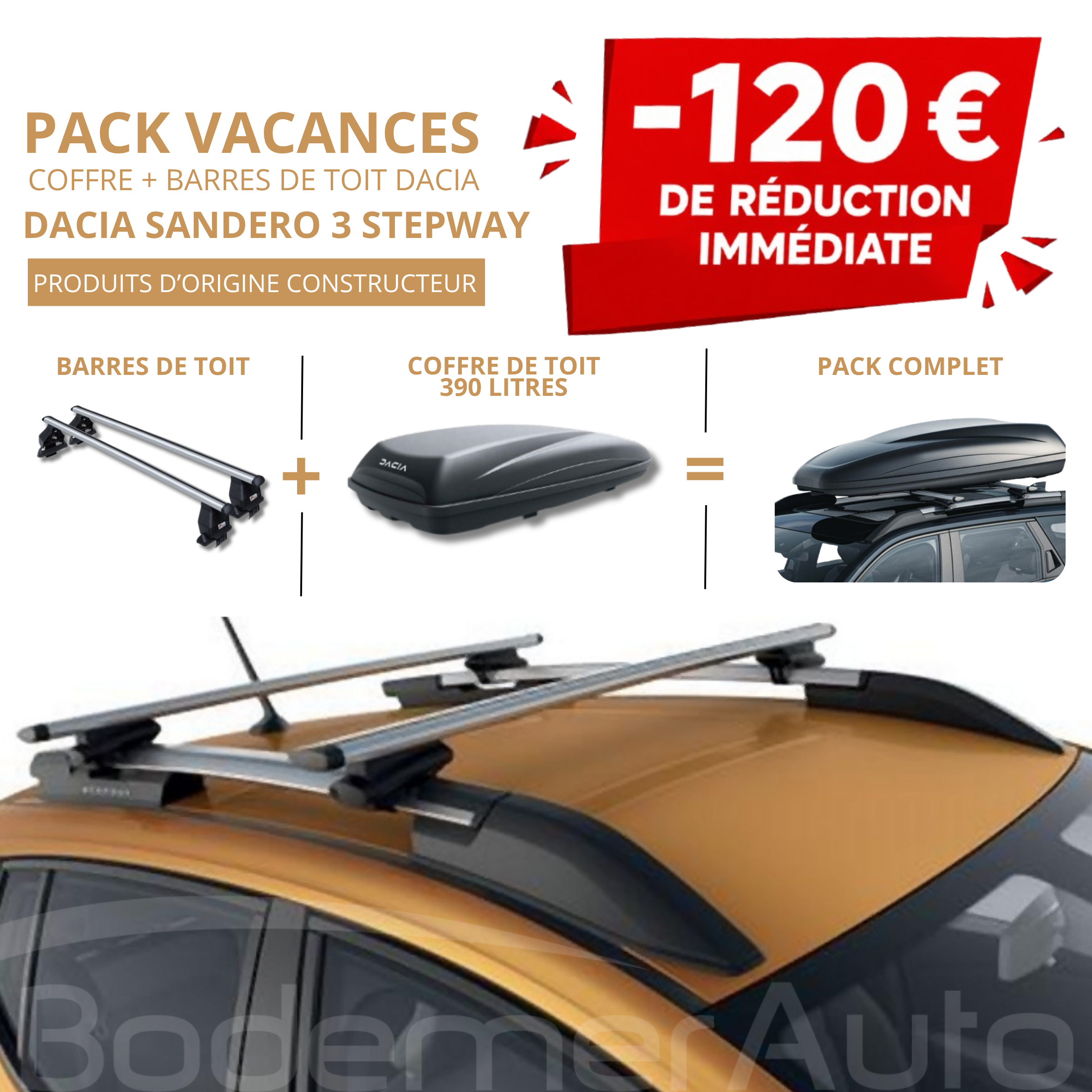 Pack coffre 390L et barres de toit Dacia SANDERO 3 STEPWAY | - 120 € de remise immédiate – réf. 8201733998+7711574057