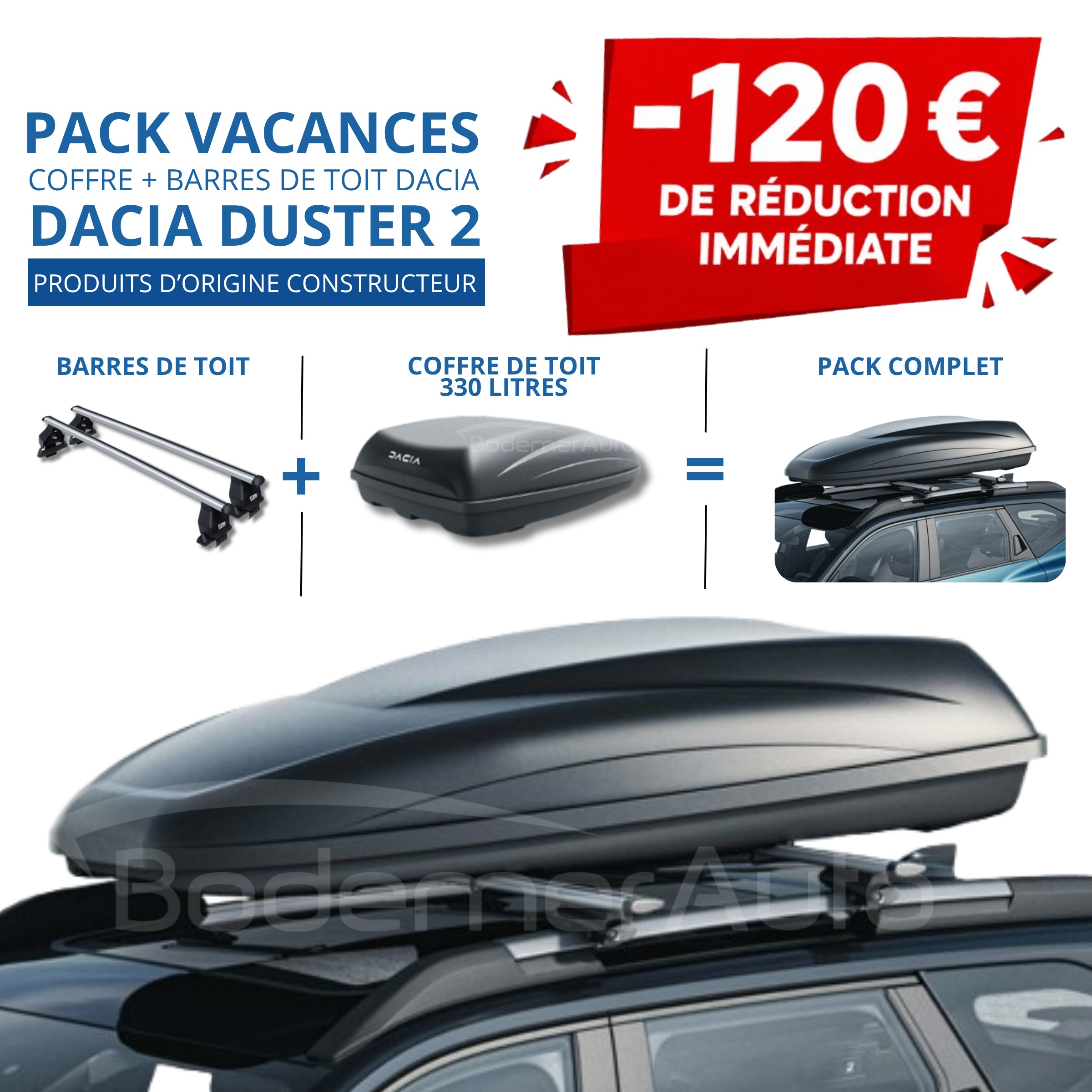Pack coffre et barres de toit Dacia DUSTER 2 | - 120 € de remise immédiate – réf. 8201709063+7711574056