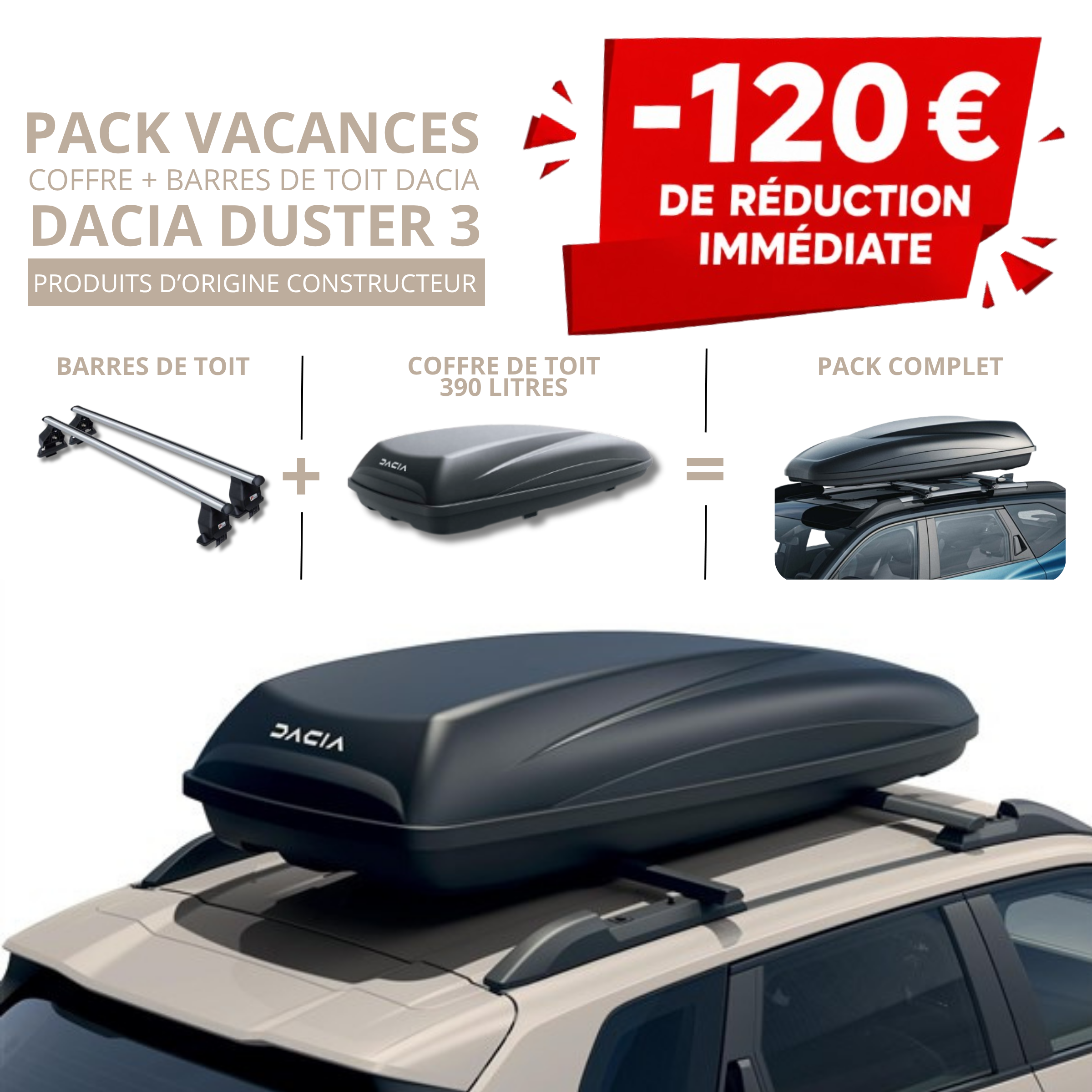 Pack coffre et barres de toit Dacia DUSTER 3 | - 120 € de remise immédiate – réf. 8201749196+7711574057
