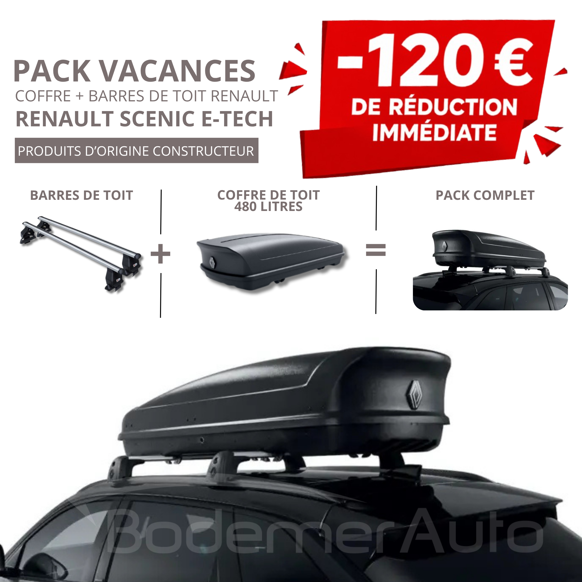 Pack coffre et barres de toit RENAULT SCENIC E-TECH | - 120 € de remise immédiate – réf. 7711948972+738207220R
